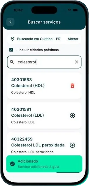 Busca de serviços no App, com exames encontrados em Curitiba