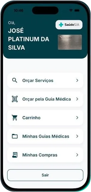 Tela inicial do App Saúde S/A, com orçar serviços e minhas compras
