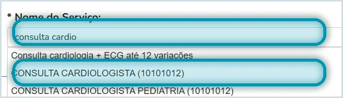 Busca de serviço na tela de cadastro, com sugestões da tabela oficial
