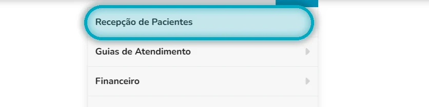 Menu da plataforma com a opção Recepção de Pacientes